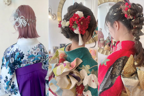 ショウセイグループのフォトスタジオで行う振袖の着付けサービスを紹介するイメージ写真。成人式や記念日の撮影に向けた和装スタイルの後ろ姿